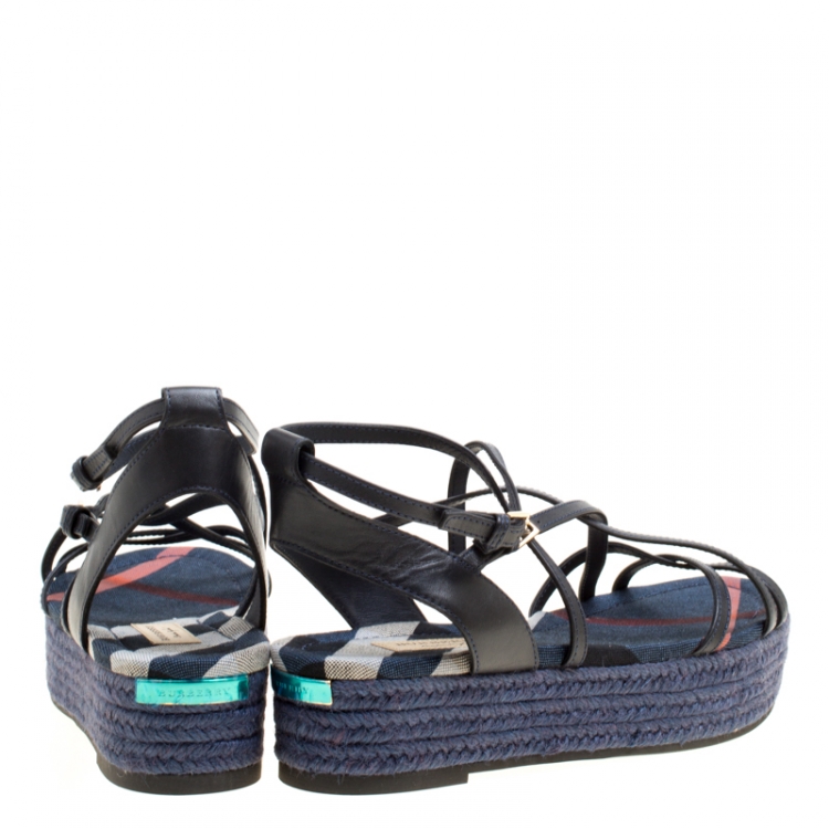 Pre Owned Burberry Navy Blue Leather Melrose Cross Strap Espadrille Platform Flats Size 38