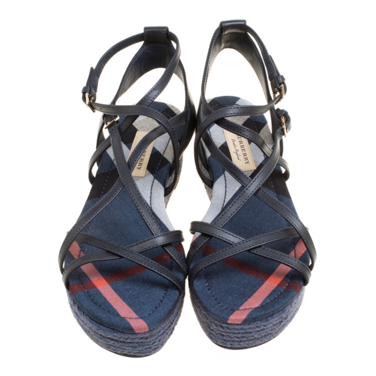 Pre Owned Burberry Navy Blue Leather Melrose Cross Strap Espadrille Platform Flats Size 38