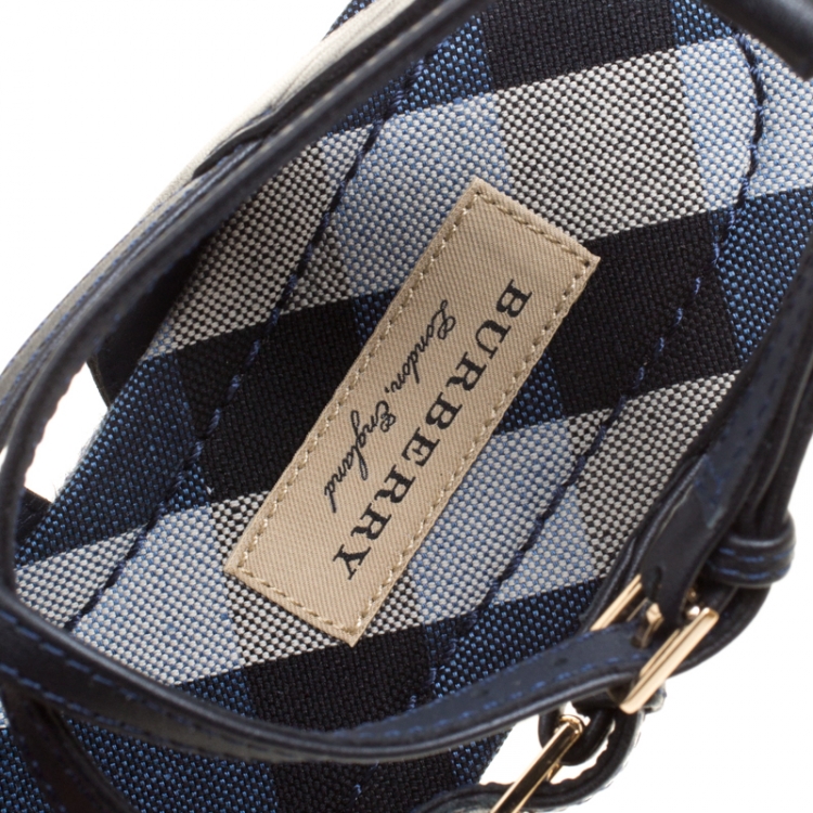 Pre Owned Burberry Navy Blue Leather Melrose Cross Strap Espadrille Platform Flats Size 38