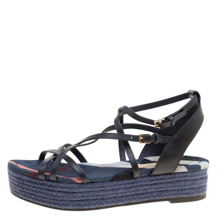 Pre Owned Burberry Navy Blue Leather Melrose Cross Strap Espadrille Platform Flats Size 38