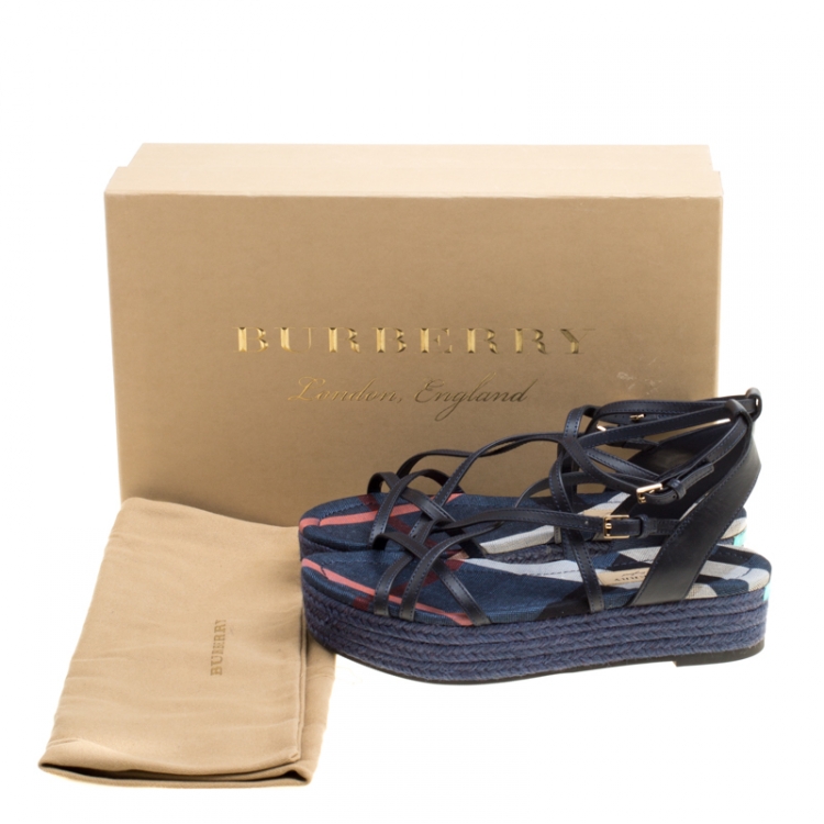 Pre Owned Burberry Navy Blue Leather Melrose Cross Strap Espadrille Platform Flats Size 38
