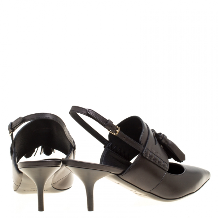 Pre Owned Burberry Black Leather Colebert Cut Out Pointed Toe Tassel Detail Slingback Sandals Size 38.5