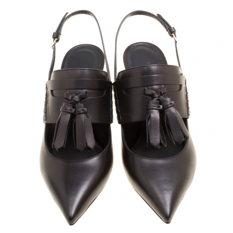 Pre Owned Burberry Black Leather Colebert Cut Out Pointed Toe Tassel Detail Slingback Sandals Size 38.5