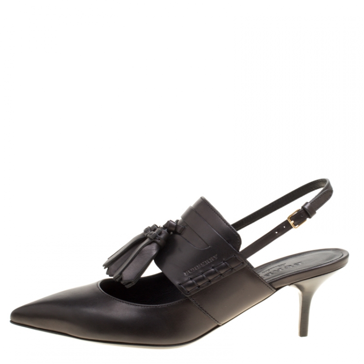 Pre Owned Burberry Black Leather Colebert Cut Out Pointed Toe Tassel Detail Slingback Sandals Size 38.5
