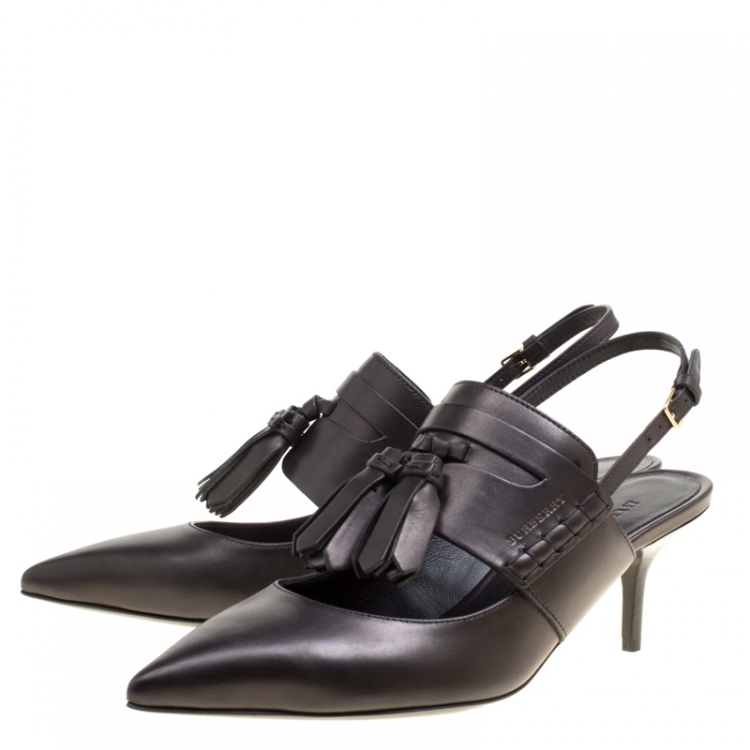Pre Owned Burberry Black Leather Colebert Cut Out Pointed Toe Tassel Detail Slingback Sandals Size 38.5
