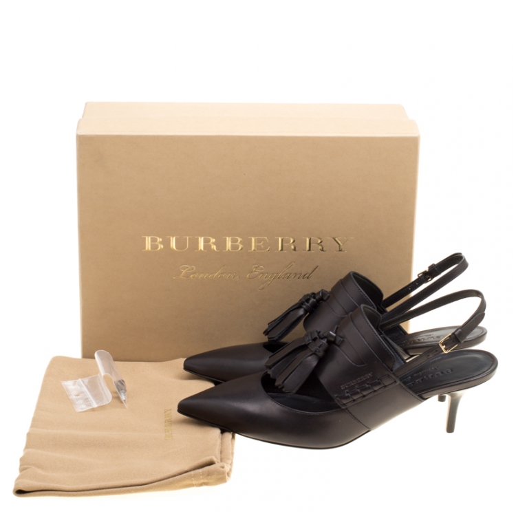 Pre Owned Burberry Black Leather Colebert Cut Out Pointed Toe Tassel Detail Slingback Sandals Size 38.5