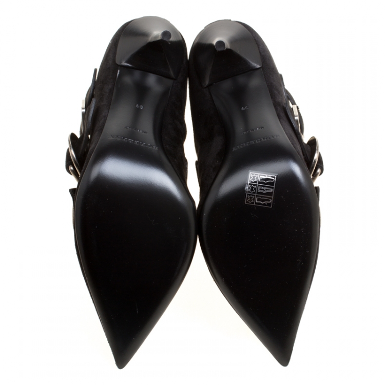 Pre Owned Burberry Black Suede Milner Buckle Detail Pointed Toe Ankle Boots Size 39
