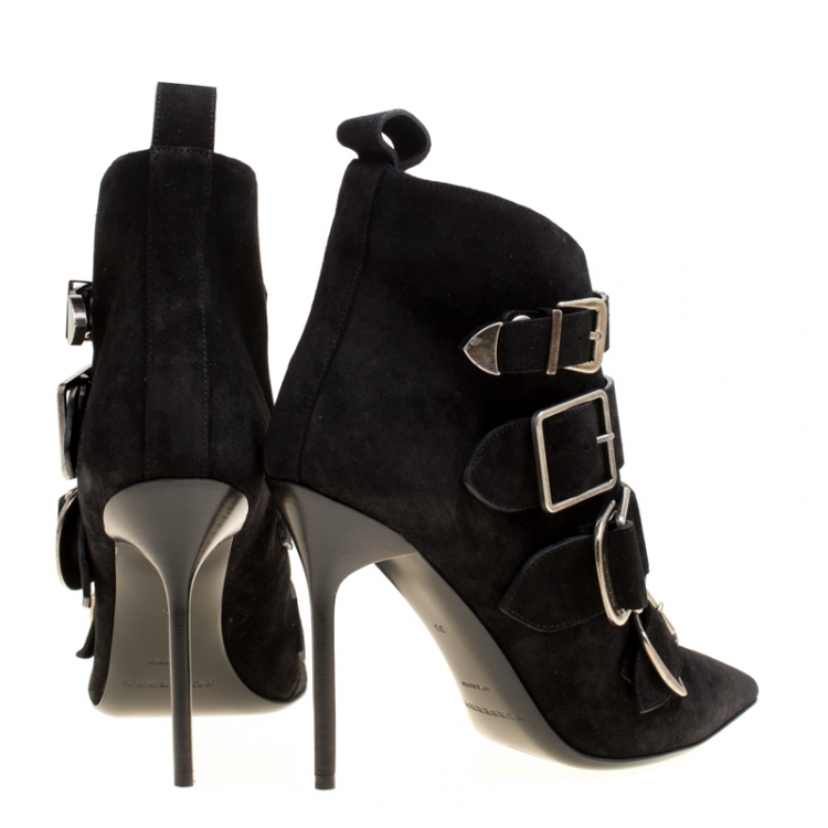 Pre Owned Burberry Black Suede Milner Buckle Detail Pointed Toe Ankle Boots Size 39