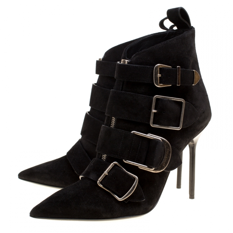 Pre Owned Burberry Black Suede Milner Buckle Detail Pointed Toe Ankle Boots Size 39