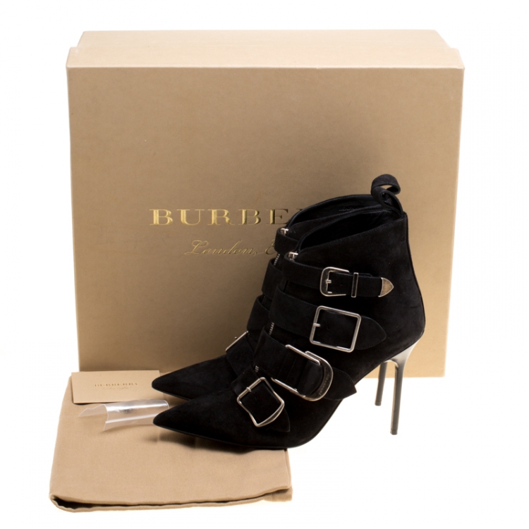 Pre Owned Burberry Black Suede Milner Buckle Detail Pointed Toe Ankle Boots Size 39