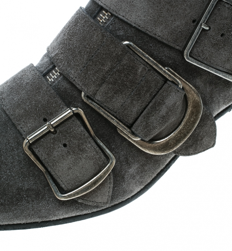 Pre Owned Burberry Grey Suede Milner Buckle Detail Pointed Toe Ankle Boots Size 39