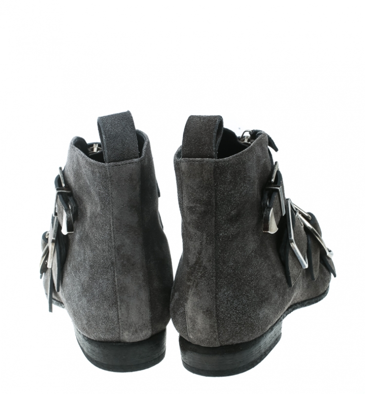 Pre Owned Burberry Grey Suede Milner Buckle Detail Pointed Toe Ankle Boots Size 39