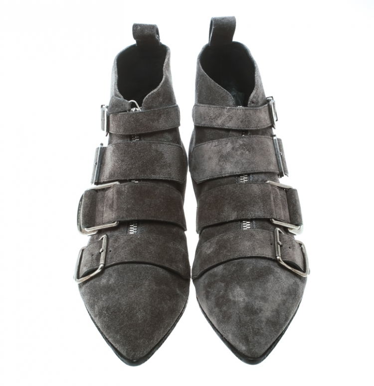 Pre Owned Burberry Grey Suede Milner Buckle Detail Pointed Toe Ankle Boots Size 39