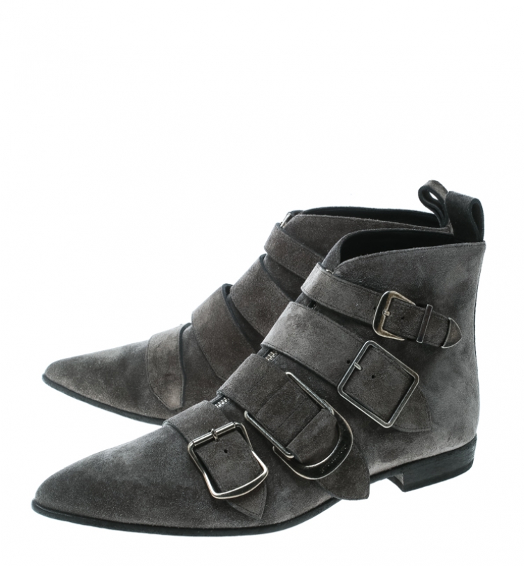 Pre Owned Burberry Grey Suede Milner Buckle Detail Pointed Toe Ankle Boots Size 39