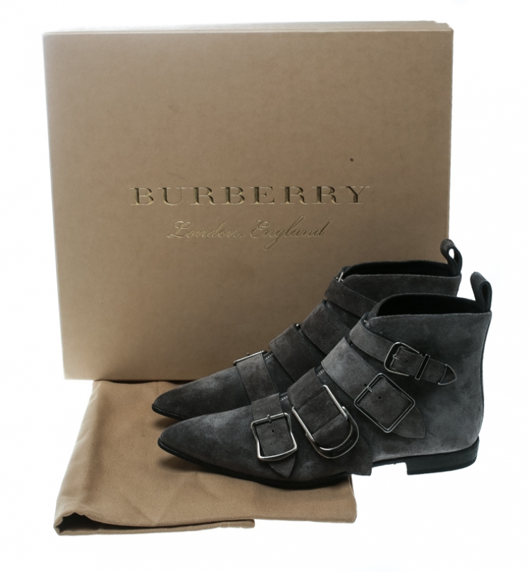Pre Owned Burberry Grey Suede Milner Buckle Detail Pointed Toe Ankle Boots Size 39