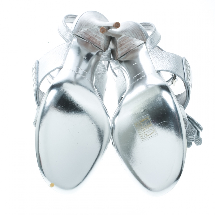 Pre Owned Burberry Metallic Silver Leather Clarence Penny Keeper Tassel Strap Sandals Size 39