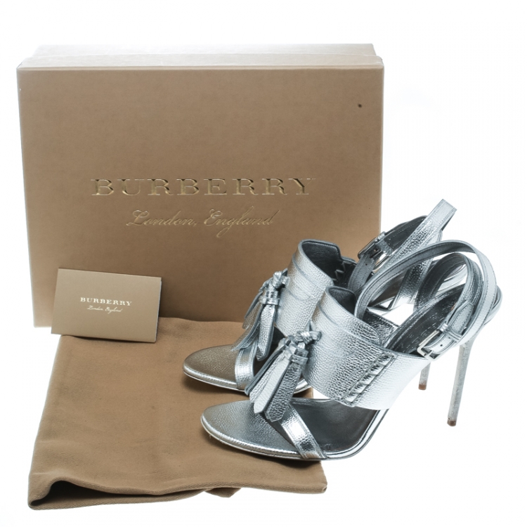 Pre Owned Burberry Metallic Silver Leather Clarence Penny Keeper Tassel Strap Sandals Size 39