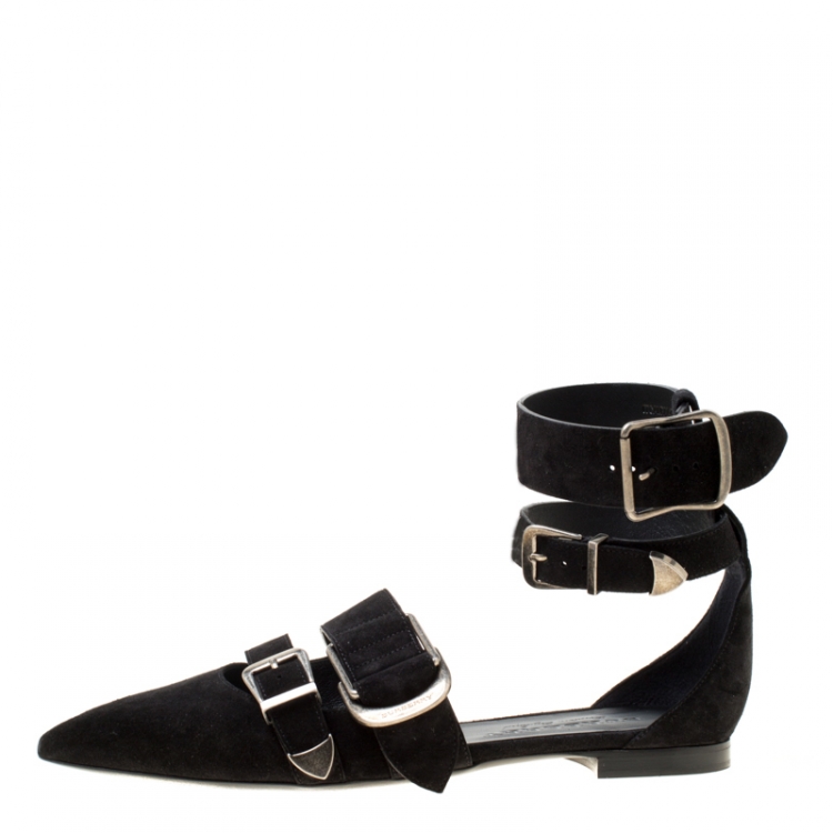 Pre Owned Burberry Black Suede Monroe Ankle Cuff Pointed Toe Flats Size 38.5