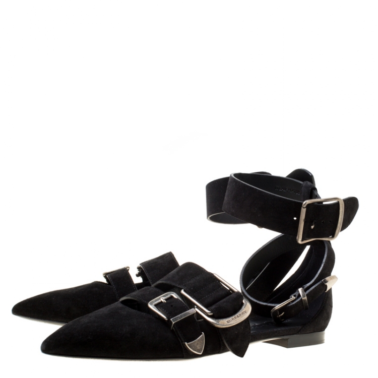 Pre Owned Burberry Black Suede Monroe Ankle Cuff Pointed Toe Flats Size 38.5