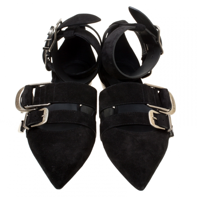 Pre Owned Burberry Black Suede Monroe Ankle Cuff Pointed Toe Flats Size 38.5