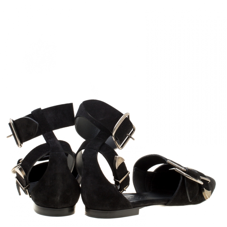 Pre Owned Burberry Black Suede Monroe Ankle Cuff Pointed Toe Flats Size 38.5