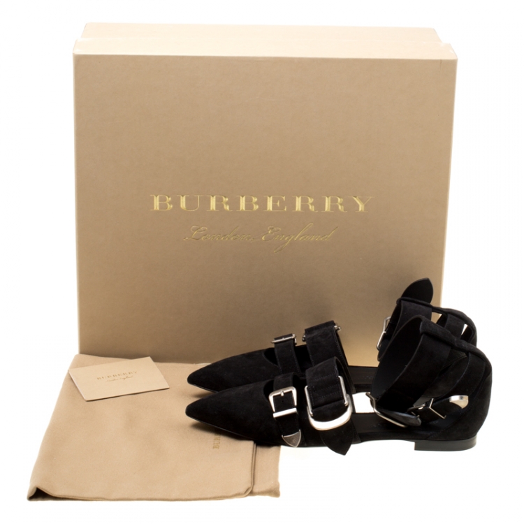 Pre Owned Burberry Black Suede Monroe Ankle Cuff Pointed Toe Flats Size 38.5