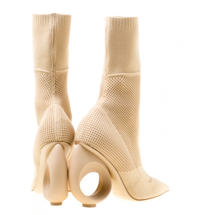 Pre Owned Burberry Beige Cotton Blend Knit With Sculpted Heel Mid-Calf Pointed Toe Boots Size 38