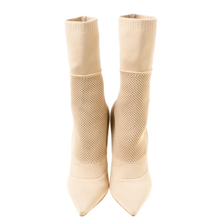 Pre Owned Burberry Beige Cotton Blend Knit With Sculpted Heel Mid-Calf Pointed Toe Boots Size 38