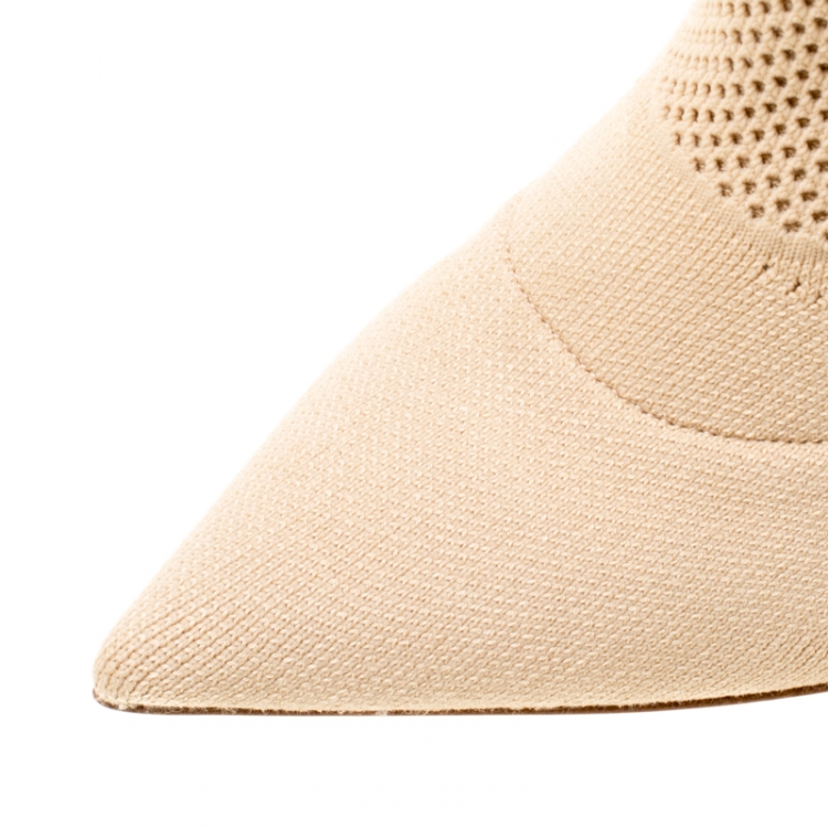 Pre Owned Burberry Beige Cotton Blend Knit With Sculpted Heel Mid-Calf Pointed Toe Boots Size 38