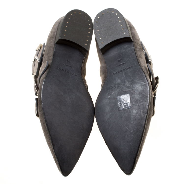 Pre Owned Burberry Grey Suede Milner Buckle Detail Pointed Toe Ankle Boots Size 40
