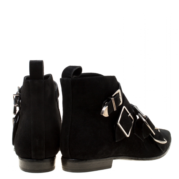 Pre Owned Burberry Black Suede Milner Buckle Detail Pointed Toe Ankle Boots Size 40