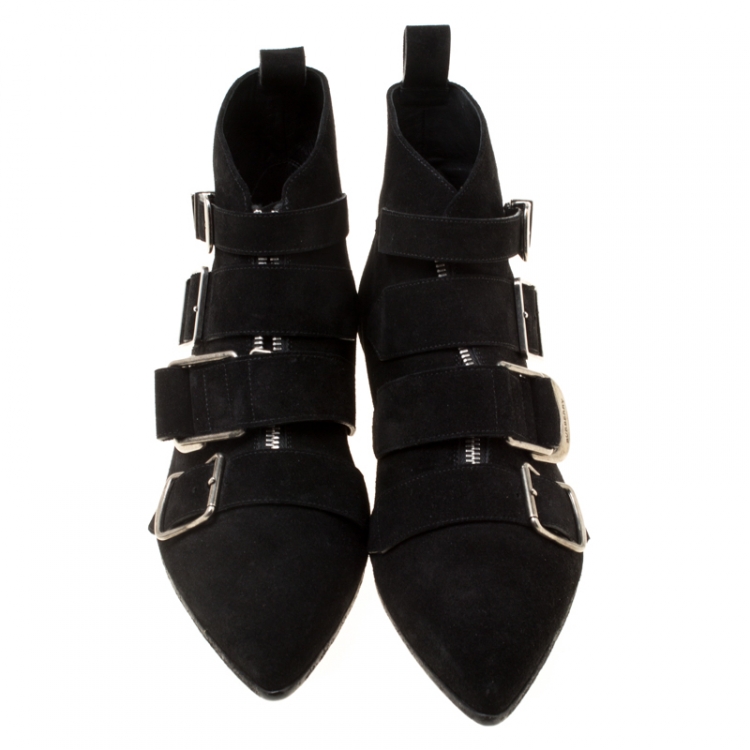 Pre Owned Burberry Black Suede Milner Buckle Detail Pointed Toe Ankle Boots Size 40