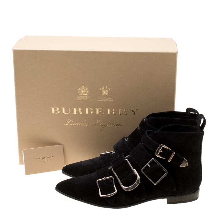 Pre Owned Burberry Black Suede Milner Buckle Detail Pointed Toe Ankle Boots Size 40