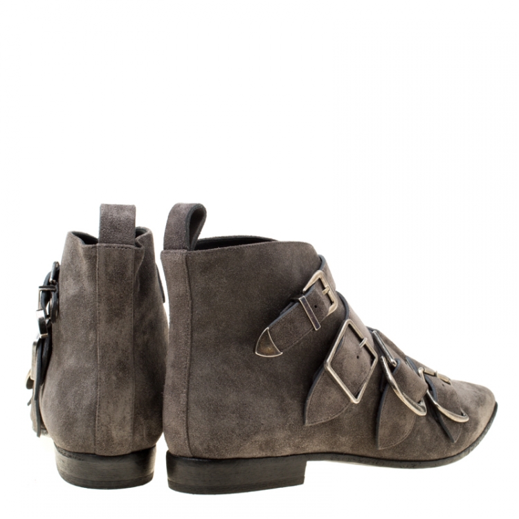 Pre Owned Burberry Grey Suede Milner Buckle Detail Pointed Toe Ankle Boots Size 40