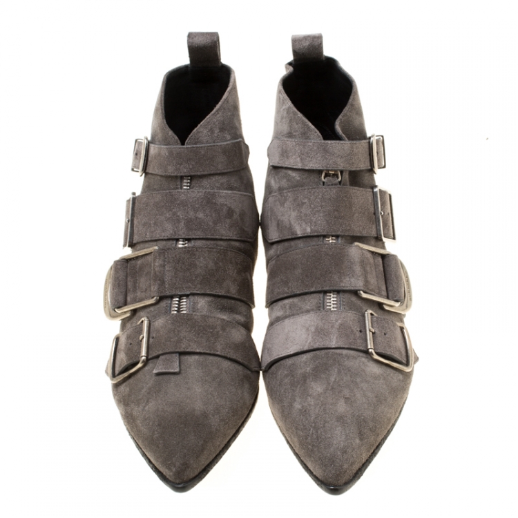 Pre Owned Burberry Grey Suede Milner Buckle Detail Pointed Toe Ankle Boots Size 40