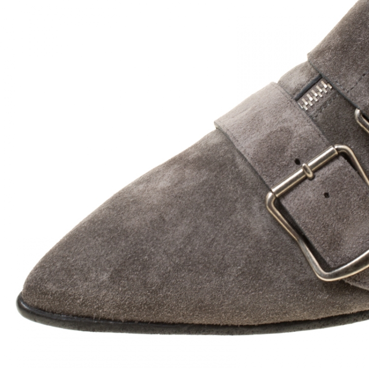 Pre Owned Burberry Grey Suede Milner Buckle Detail Pointed Toe Ankle Boots Size 40