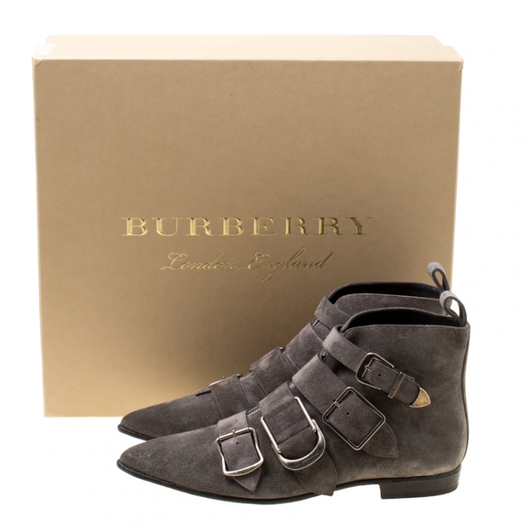 Pre Owned Burberry Grey Suede Milner Buckle Detail Pointed Toe Ankle Boots Size 40