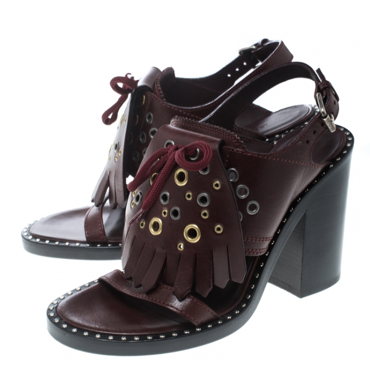 Pre Owned Burberry Burgundy Leather Beverley Eyelet Fringe Detail Block Heel Sandals Size 38
