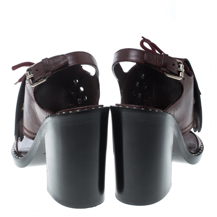 Pre Owned Burberry Burgundy Leather Beverley Eyelet Fringe Detail Block Heel Sandals Size 38