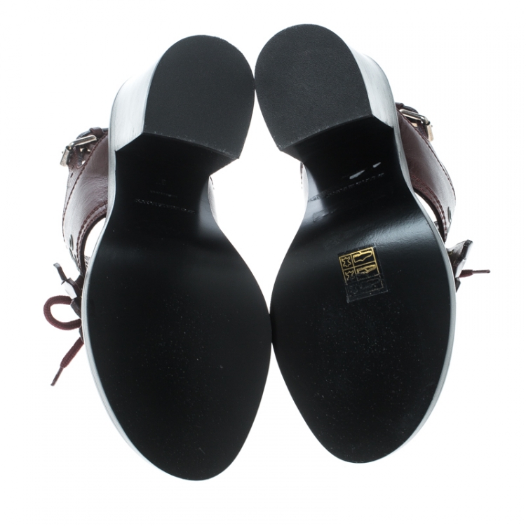 Pre Owned Burberry Burgundy Leather Beverley Eyelet Fringe Detail Block Heel Sandals Size 38