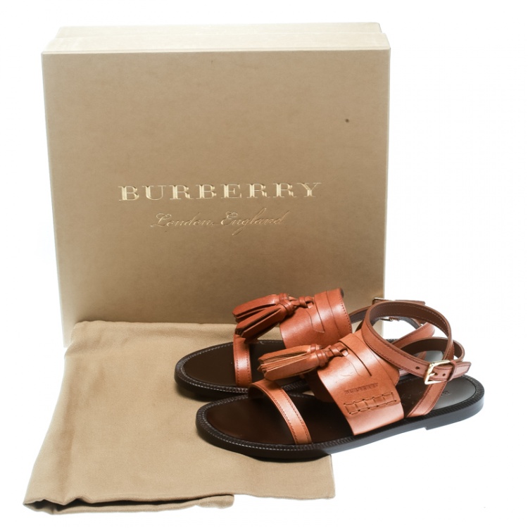 Pre Owned Burberry Cognac Brown Leather Bethany Tassel Detail Flat Sandals Size 37