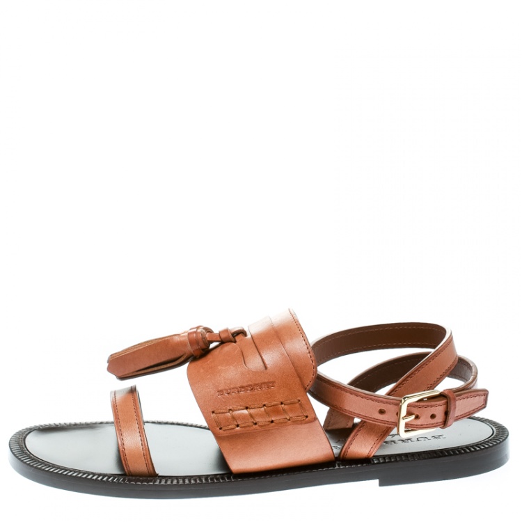 Pre Owned Burberry Cognac Brown Leather Bethany Tassel Detail Flat Sandals Size 37