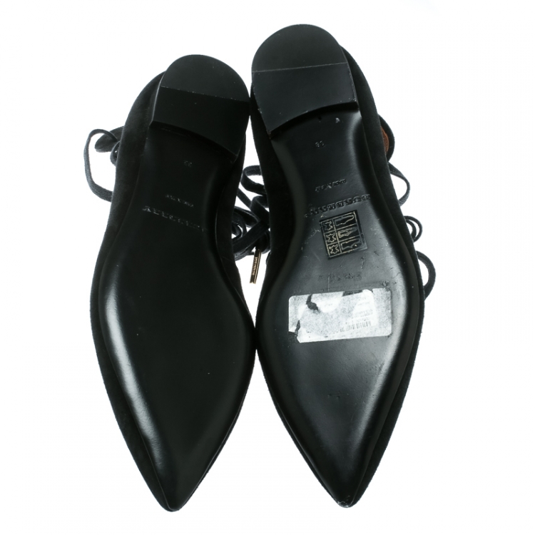 Pre Owned Burberry Black Scalloped Suede Lace Up Pointed Toe Ballet Flats Size 38