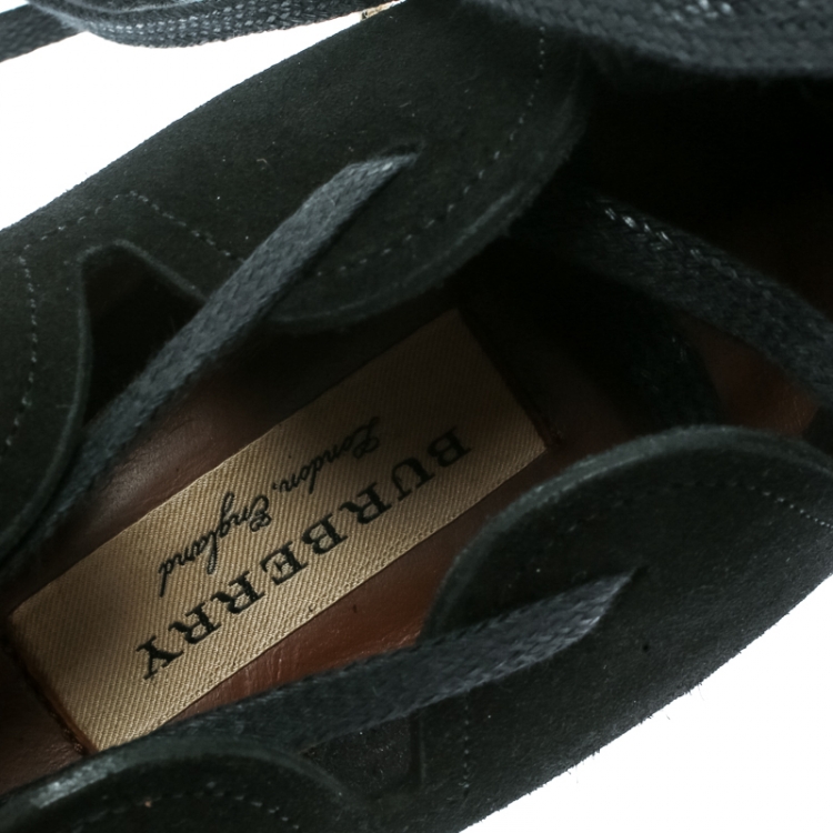 Pre Owned Burberry Black Scalloped Suede Lace Up Pointed Toe Ballet Flats Size 38