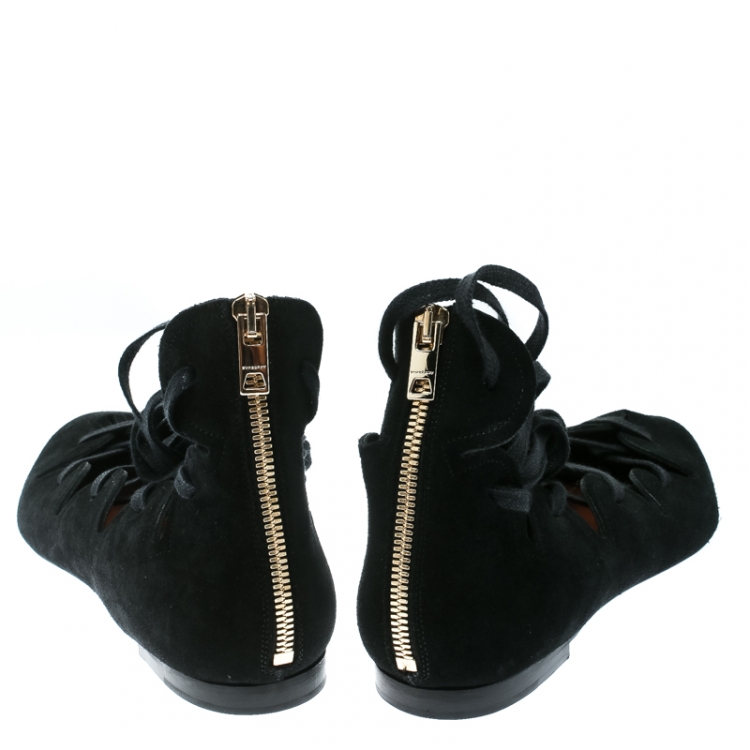 Pre Owned Burberry Black Scalloped Suede Lace Up Pointed Toe Ballet Flats Size 38