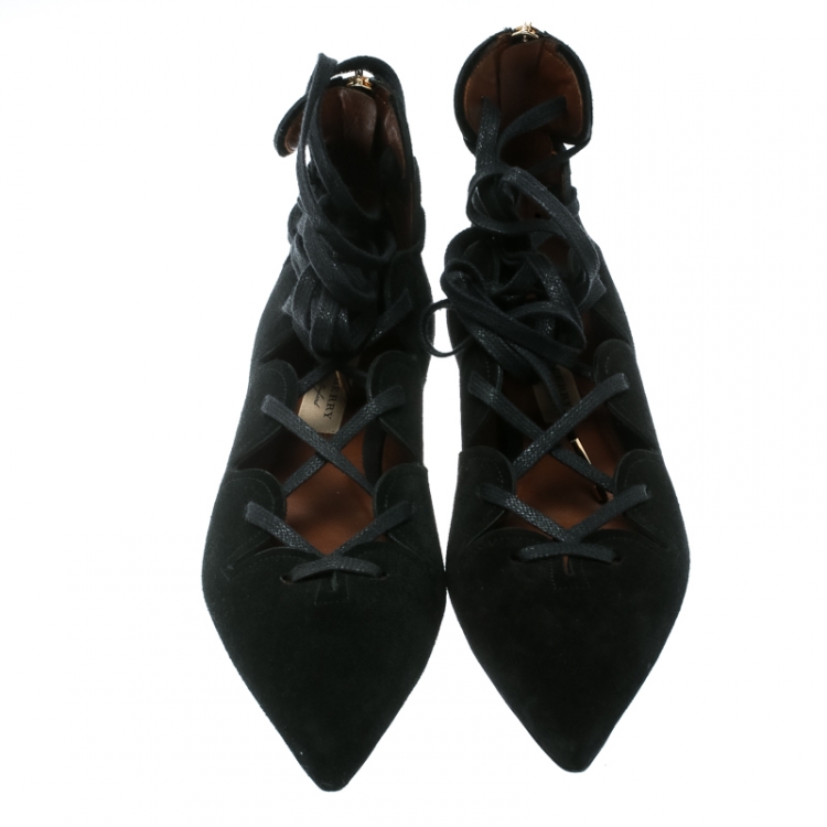 Pre Owned Burberry Black Scalloped Suede Lace Up Pointed Toe Ballet Flats Size 38