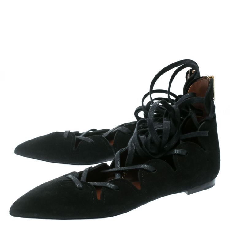 Pre Owned Burberry Black Scalloped Suede Lace Up Pointed Toe Ballet Flats Size 38