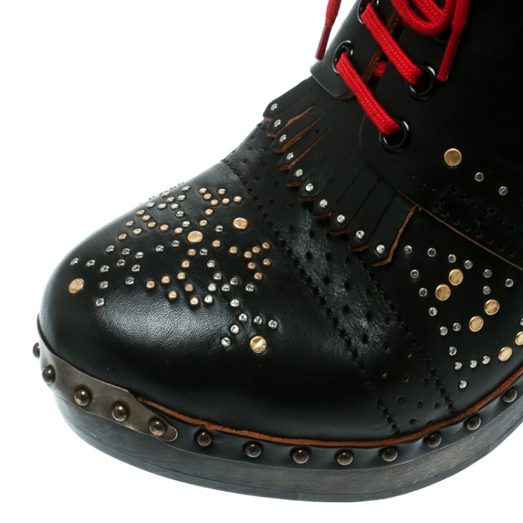 Pre Owned Burberry Black Studded Leather Antrim Fringe Detail Block Heel Clog Ankle Boots Size 40