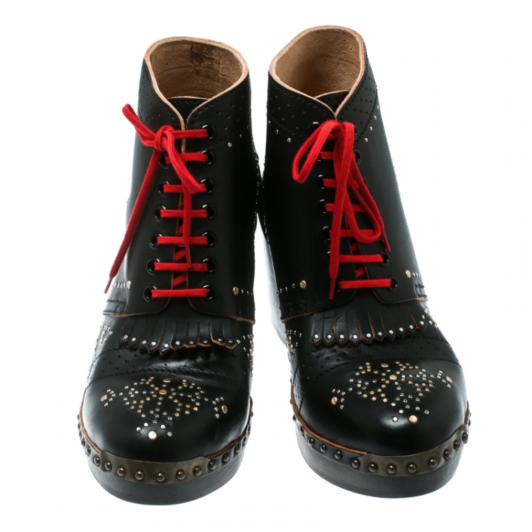 Pre Owned Burberry Black Studded Leather Antrim Fringe Detail Block Heel Clog Ankle Boots Size 40