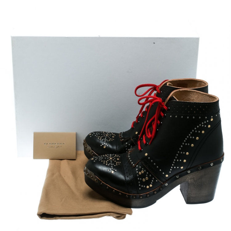 Pre Owned Burberry Black Studded Leather Antrim Fringe Detail Block Heel Clog Ankle Boots Size 40